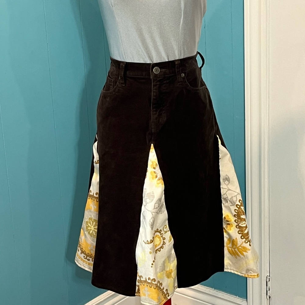 Upcycled Skirt - Banana Republic Dark Brown Cords with Fun Yellow Godet Inserts